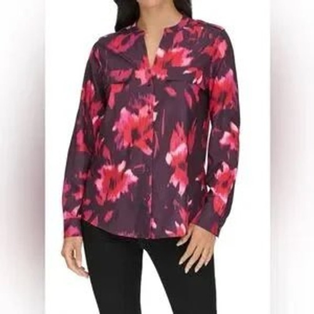 Calvin Klein Womens Abstract Ikat Floral Roll Tab Sleeve Blouse Plum Pink Medium